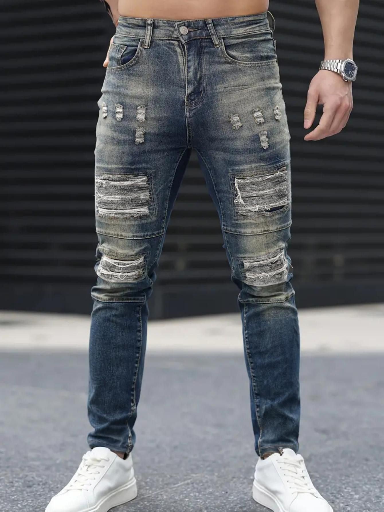 Jeans VitalRebel Hombre – Ripped Azul Marino, Corte Slim, Estilo Urbano Vintage, Transpirable y Elástico (28–38) Jeans Hombre NovaVitalShop Navy Blue L