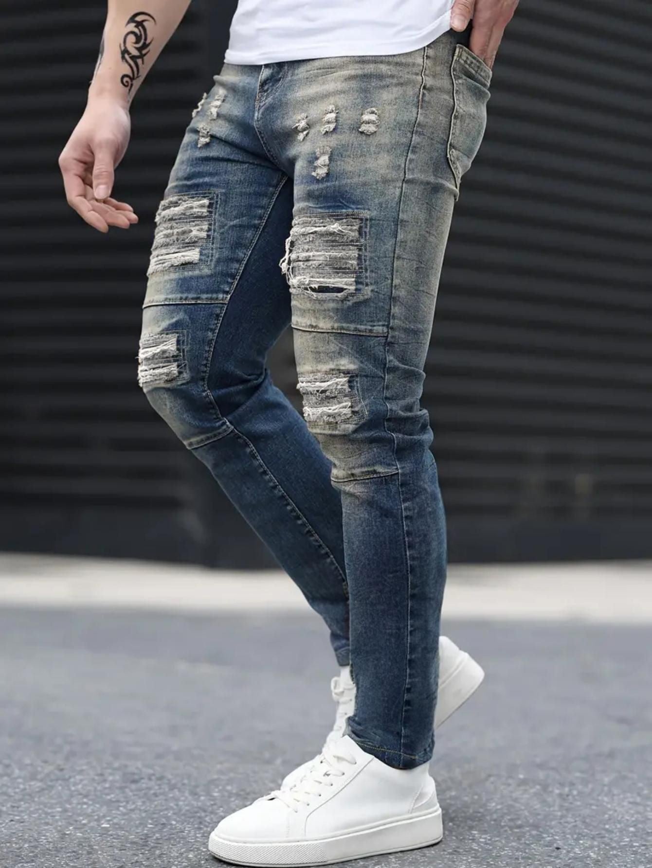 Jeans VitalRebel Hombre – Ripped Azul Marino, Corte Slim, Estilo Urbano Vintage, Transpirable y Elástico (28–38) Jeans Hombre NovaVitalShop