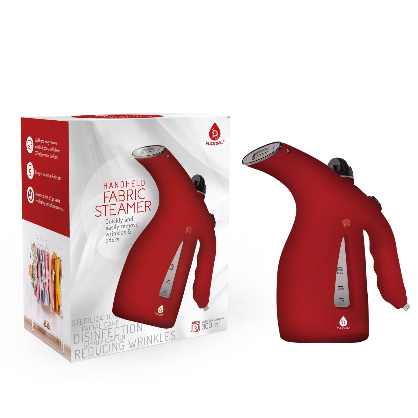 Vaporizador de Ropa Portátil Pursonic 300ml – Calentamiento Rápido en 2 Minutos, Ideal para Viajes Household Pursonicusa Red