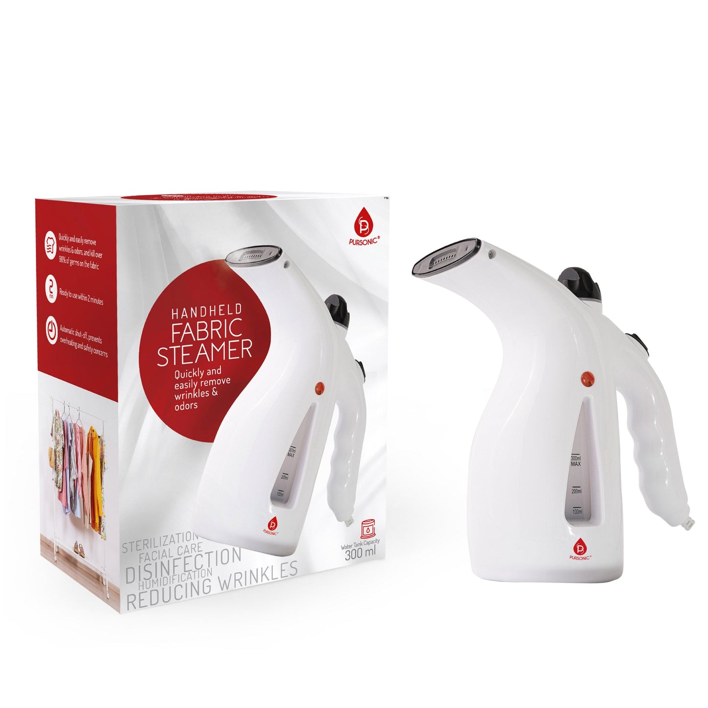 Vaporizador de Ropa Portátil Pursonic 300ml – Calentamiento Rápido en 2 Minutos, Ideal para Viajes Household Pursonicusa White