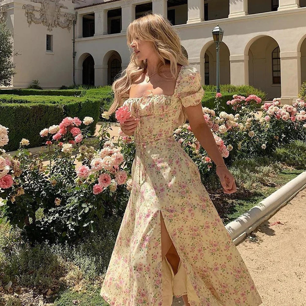Vestido Largo Floral con Mangas Abullonadas – Estilo Bohemio y Elegancia de Verano (Cuello Cuadrado, Corte A, Talla S–XL)