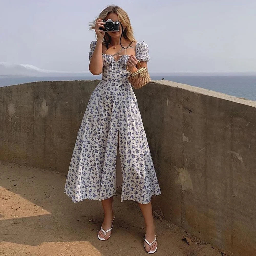 Vestido Largo Floral con Mangas Abullonadas – Estilo Bohemio y Elegancia de Verano (Cuello Cuadrado, Corte A, Talla S–XL) leggings mujer NovaVitalShop