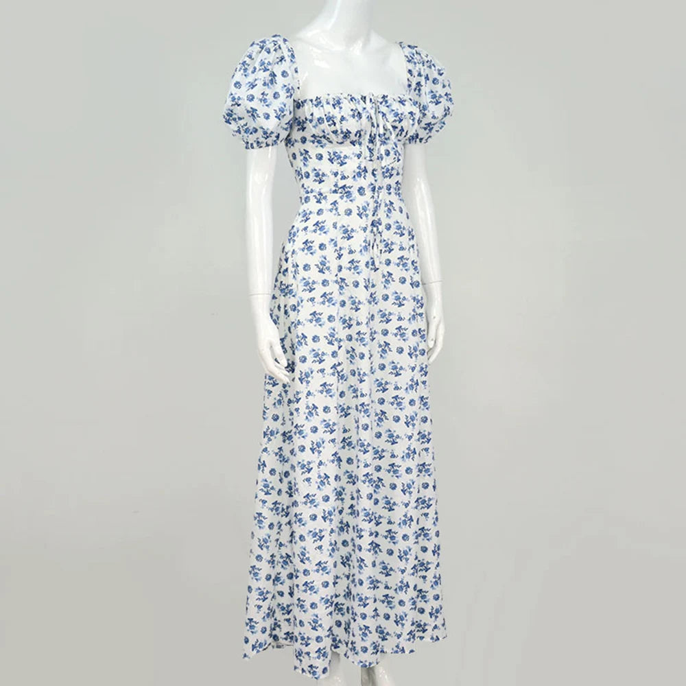 Vestido Largo Floral con Mangas Abullonadas – Estilo Bohemio y Elegancia de Verano (Cuello Cuadrado, Corte A, Talla S–XL) leggings mujer NovaVitalShop