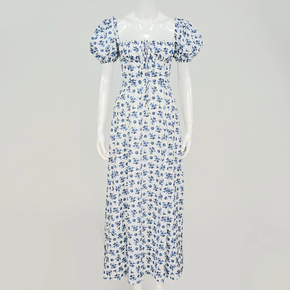 Vestido Largo Floral con Mangas Abullonadas – Estilo Bohemio y Elegancia de Verano (Cuello Cuadrado, Corte A, Talla S–XL) leggings mujer NovaVitalShop