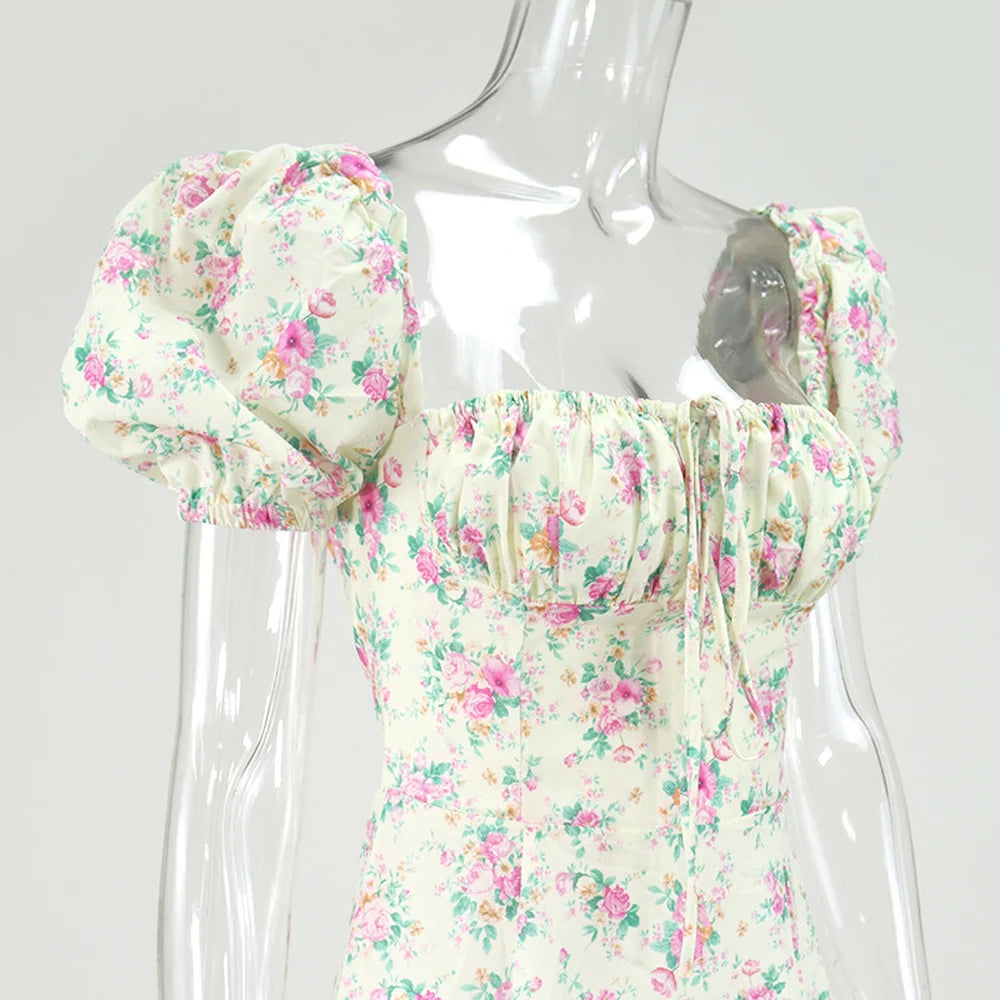 Vestido Largo Floral con Mangas Abullonadas – Estilo Bohemio y Elegancia de Verano (Cuello Cuadrado, Corte A, Talla S–XL) leggings mujer NovaVitalShop