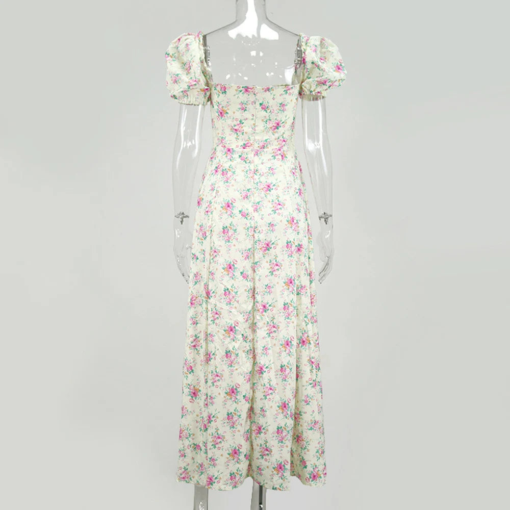 Vestido Largo Floral con Mangas Abullonadas – Estilo Bohemio y Elegancia de Verano (Cuello Cuadrado, Corte A, Talla S–XL) leggings mujer NovaVitalShop