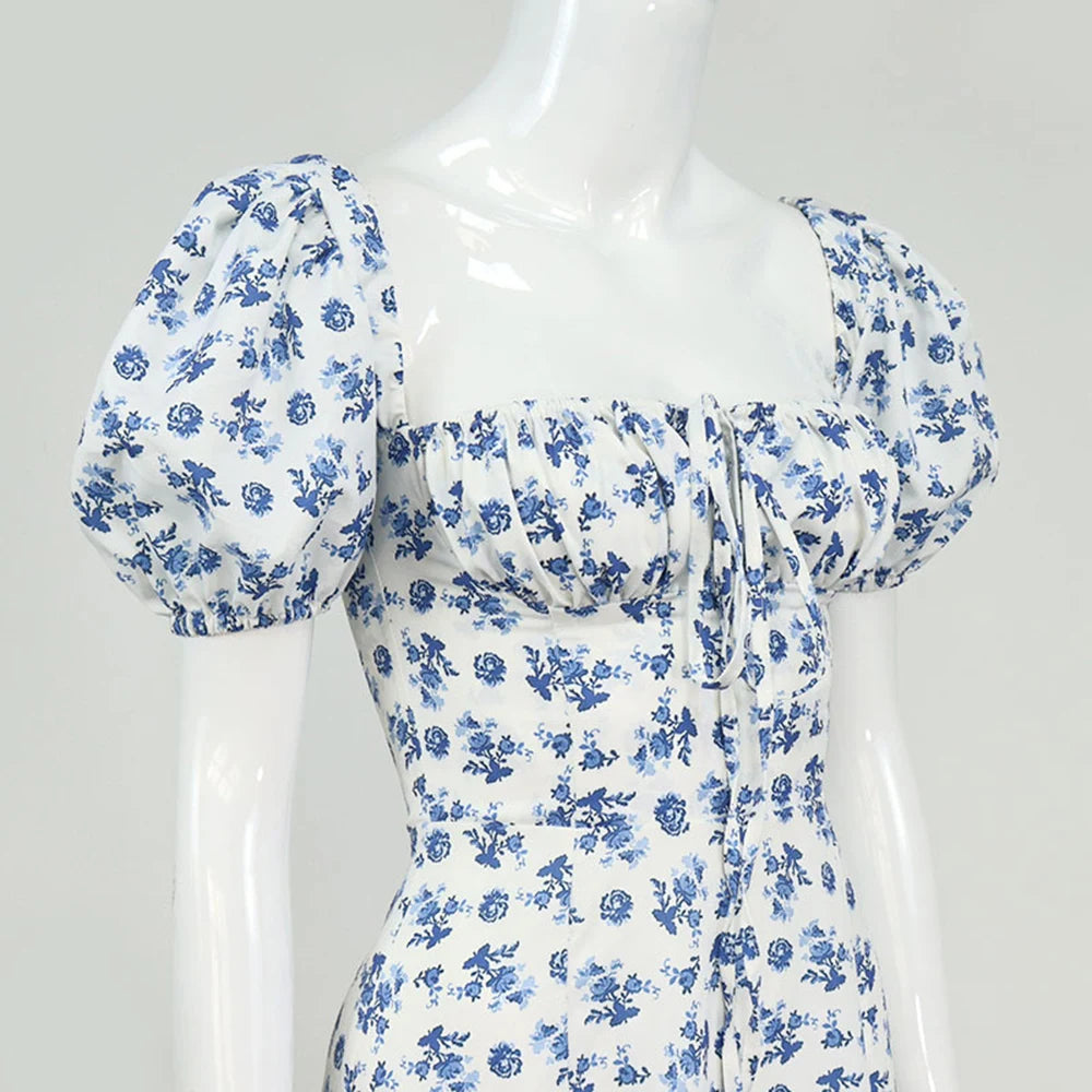 Vestido Largo Floral con Mangas Abullonadas – Estilo Bohemio y Elegancia de Verano (Cuello Cuadrado, Corte A, Talla S–XL) leggings mujer NovaVitalShop