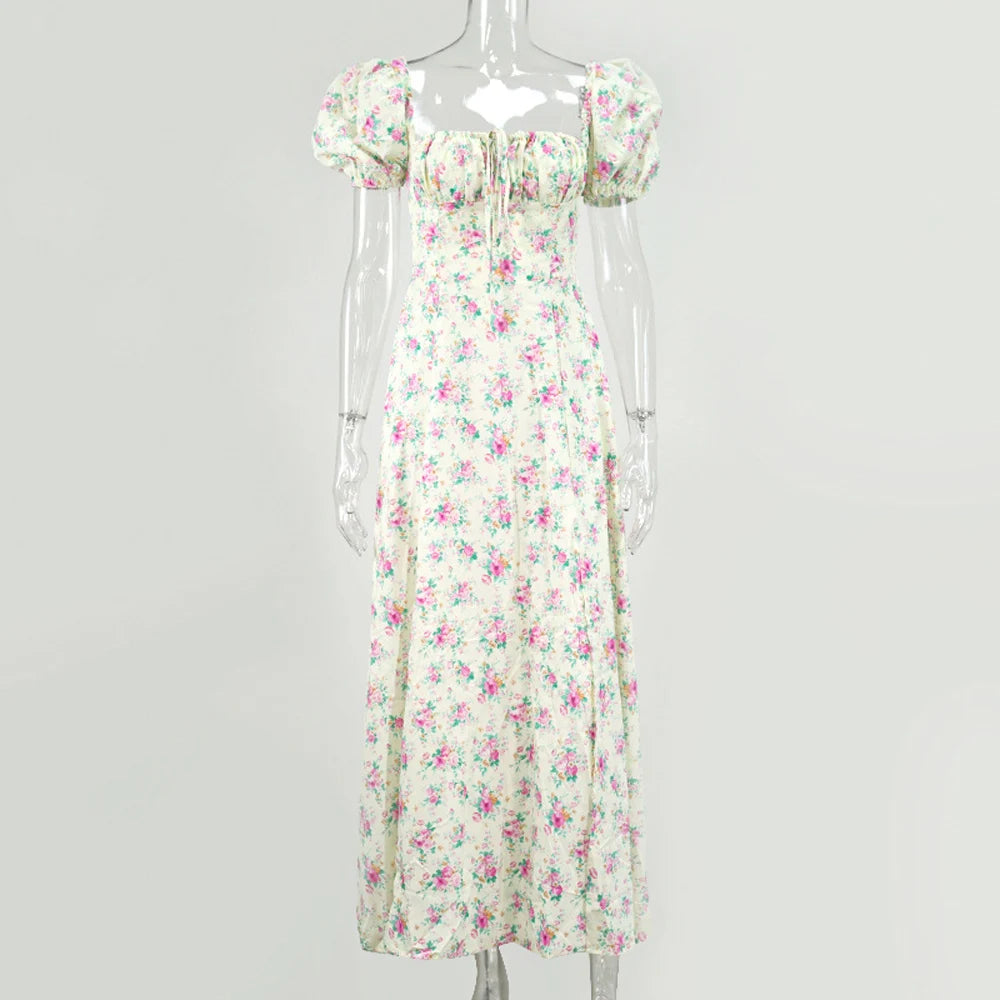 Vestido Largo Floral con Mangas Abullonadas – Estilo Bohemio y Elegancia de Verano (Cuello Cuadrado, Corte A, Talla S–XL) leggings mujer NovaVitalShop