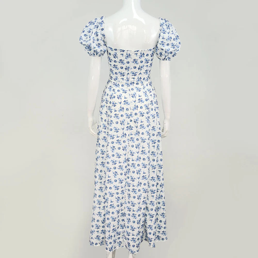 Vestido Largo Floral con Mangas Abullonadas – Estilo Bohemio y Elegancia de Verano (Cuello Cuadrado, Corte A, Talla S–XL) leggings mujer NovaVitalShop