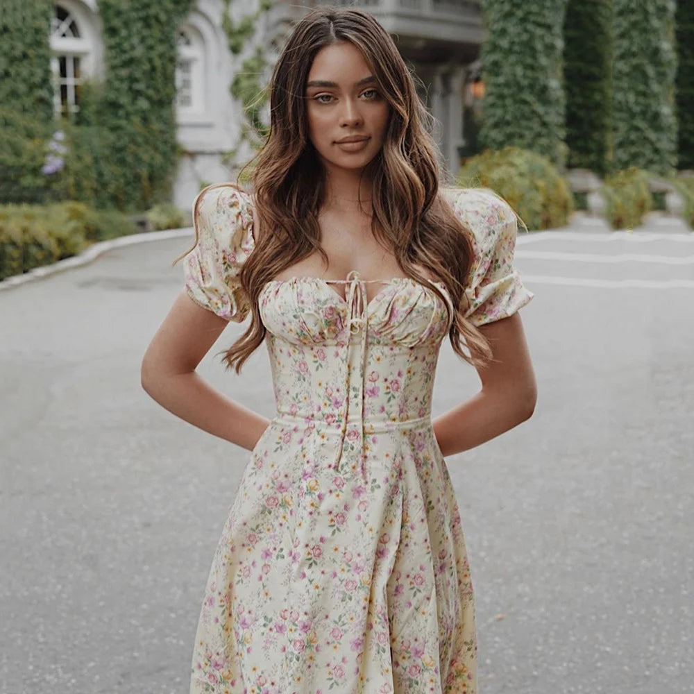 Vestido Largo Floral con Mangas Abullonadas – Estilo Bohemio y Elegancia de Verano (Cuello Cuadrado, Corte A, Talla S–XL)