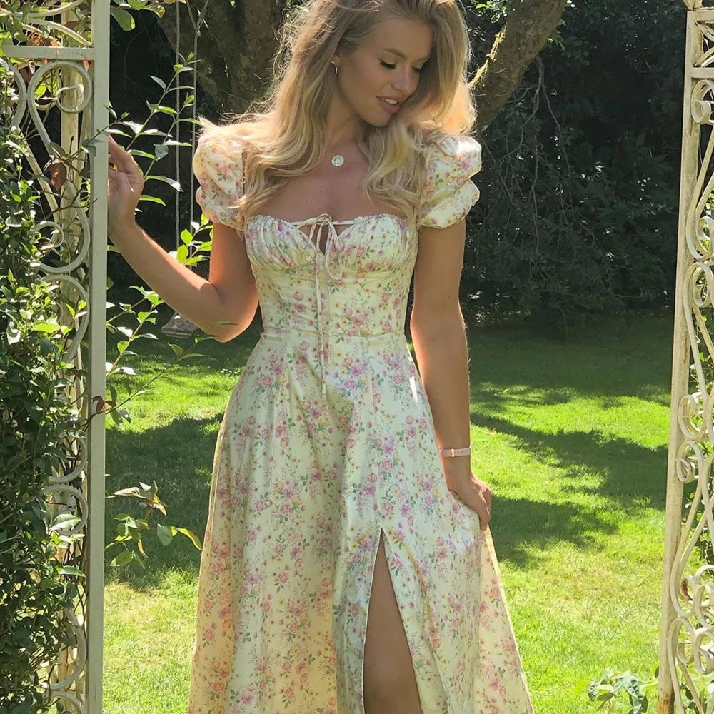 Vestido Largo Floral con Mangas Abullonadas – Estilo Bohemio y Elegancia de Verano (Cuello Cuadrado, Corte A, Talla S–XL)