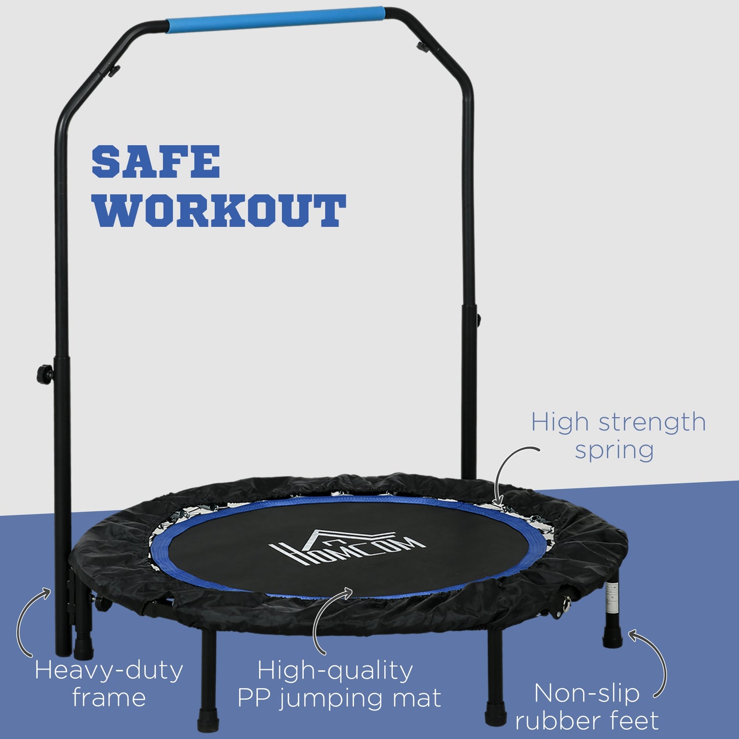 HOMCOM 40" Foldable Mini Fitness Trampoline in Blue, with Adjustable Foam Handle Mini Fitness Trampolines ORDIFY DIRECT LTD