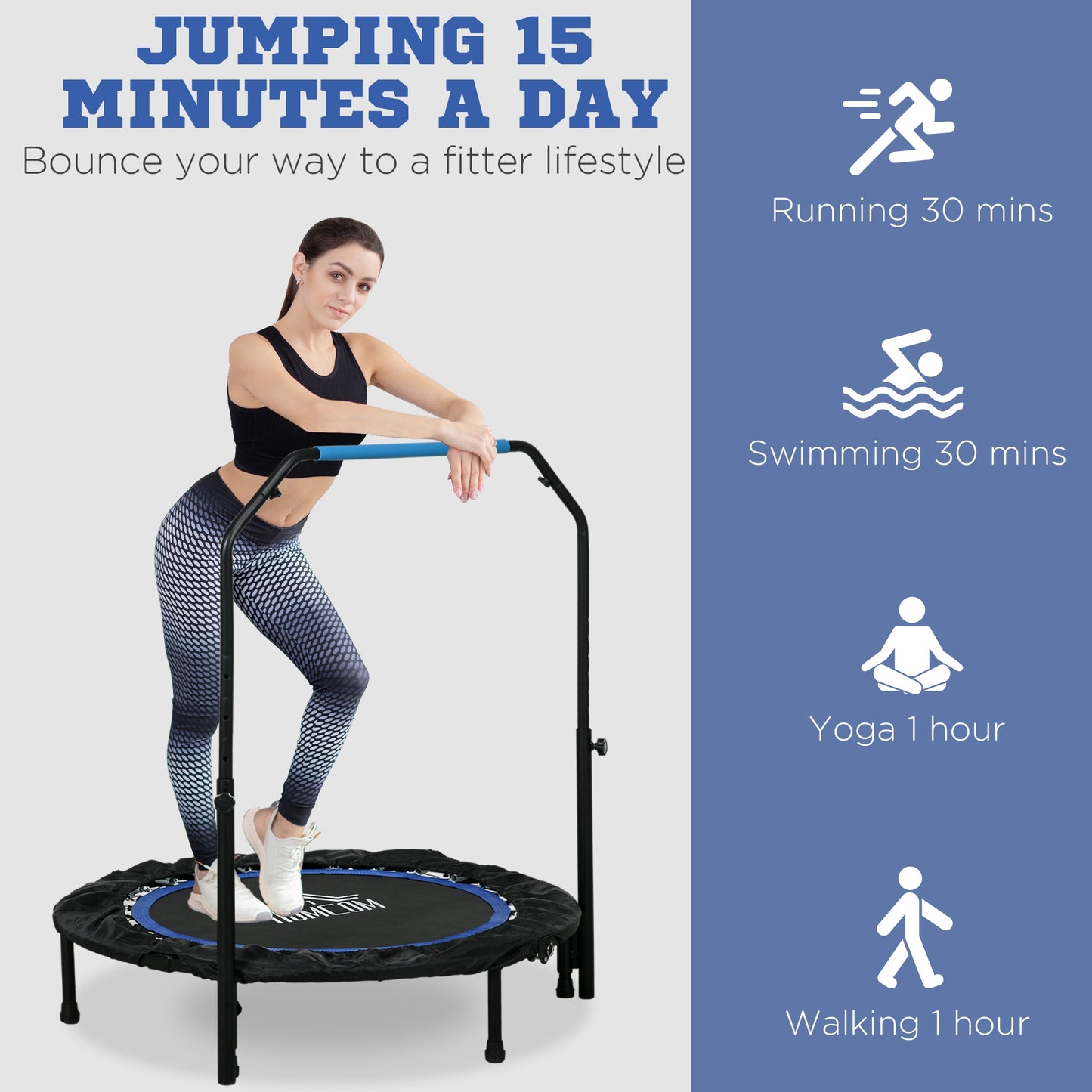 HOMCOM 40" Foldable Mini Fitness Trampoline in Blue, with Adjustable Foam Handle Mini Fitness Trampolines ORDIFY DIRECT LTD