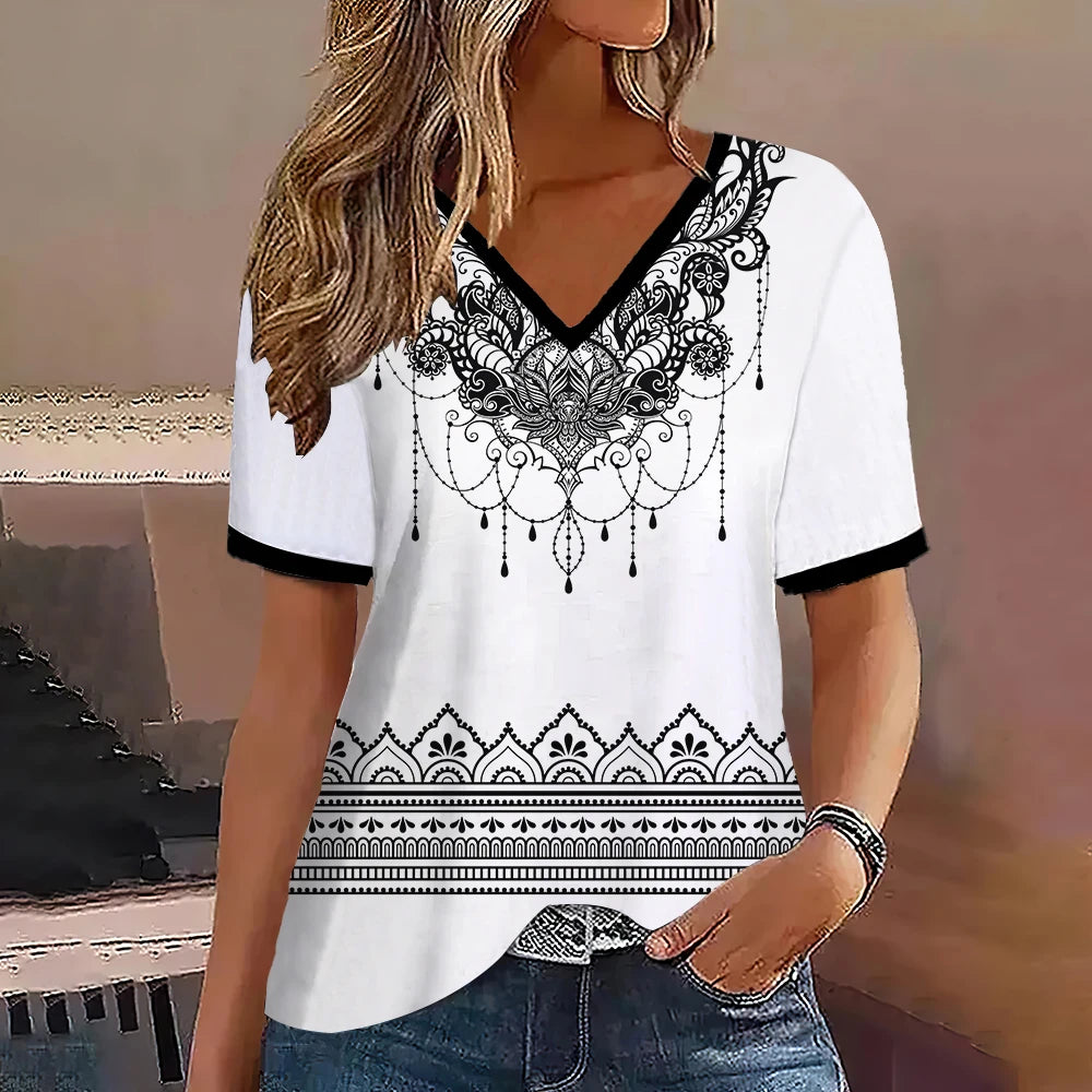 Camiseta Streetwear Mujer – Cuello en V, Rayas Degradadas, Manga Corta, Estilo Oversized Verano (S–2XL)