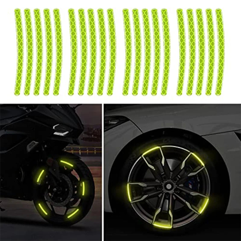Kit Decorativo para Ruedas – 20 Stickers Reflectantes + 4 Tapas de Válvula Fluorescentes (Universal para Auto, Moto y Bicicleta) auto NovaVitalShop