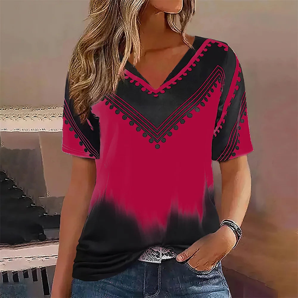 Camiseta Streetwear Mujer – Cuello en V, Rayas Degradadas, Manga Corta, Estilo Oversized Verano (S–2XL) Camisetas Mujer Oversized NovaVitalShop
