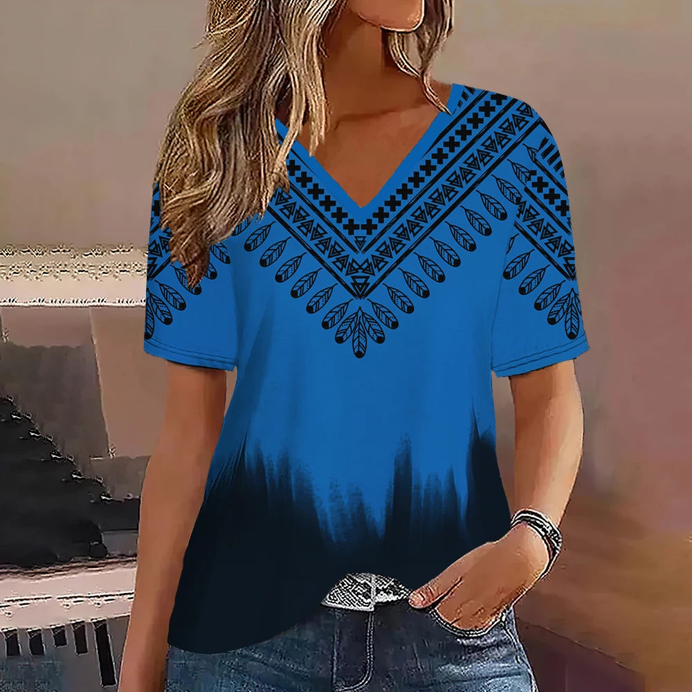 Camiseta Streetwear Mujer – Cuello en V, Rayas Degradadas, Manga Corta, Estilo Oversized Verano (S–2XL)