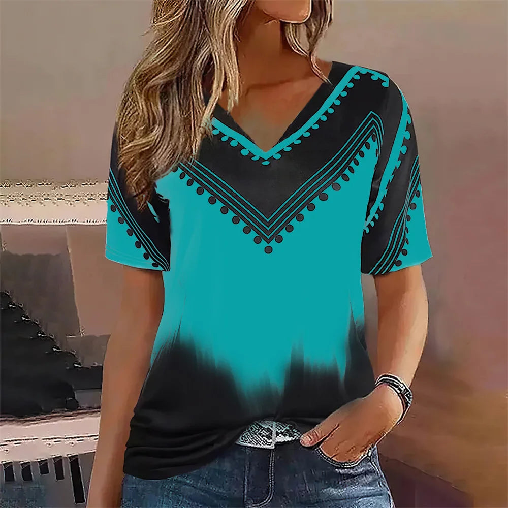 Camiseta Streetwear Mujer – Cuello en V, Rayas Degradadas, Manga Corta, Estilo Oversized Verano (S–2XL) Camisetas Mujer Oversized NovaVitalShop K01-SM11722 L