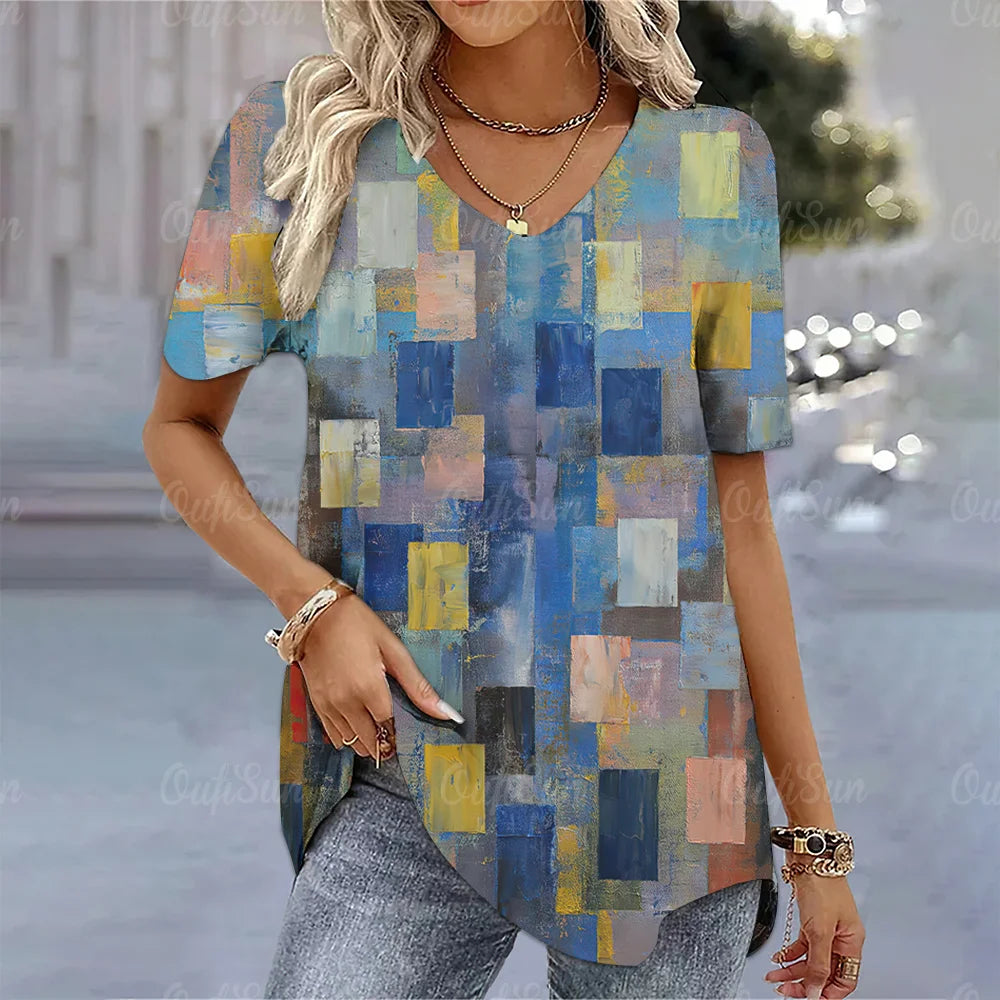 Aura Urbana 3D – Camiseta Degradada Estilo Harajuku con Cuello en V para Mujer (Oversized, Talla S–2XL) Camisetas Mujer Oversized NovaVitalShop K01-SM14603 M