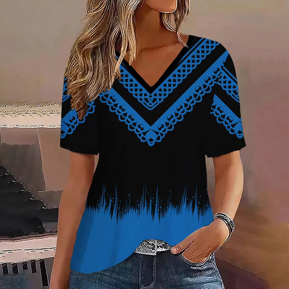 Camiseta Streetwear Mujer – Cuello en V, Rayas Degradadas, Manga Corta, Estilo Oversized Verano (S–2XL)