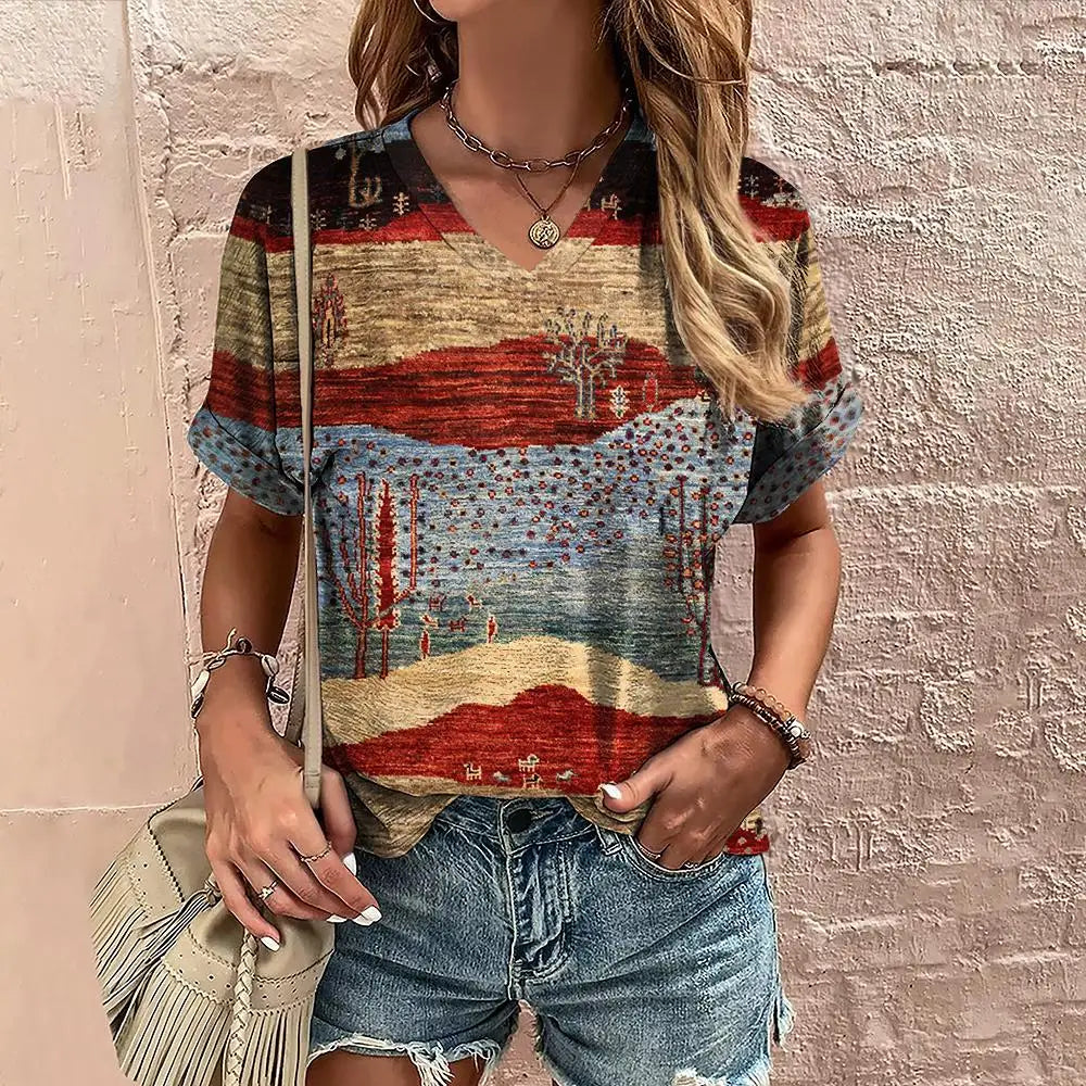Retro Vibes – Camiseta Harajuku con Rayas y Cuello en V para Mujer (Estilo Y2K, Talla S–XXL)