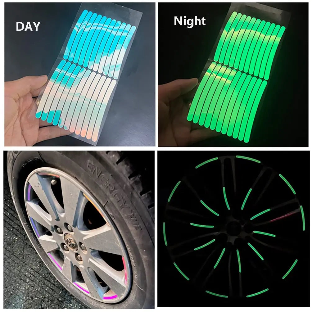 Kit Decorativo para Ruedas – 20 Stickers Reflectantes + 4 Tapas de Válvula Fluorescentes (Universal para Auto, Moto y Bicicleta) auto NovaVitalShop