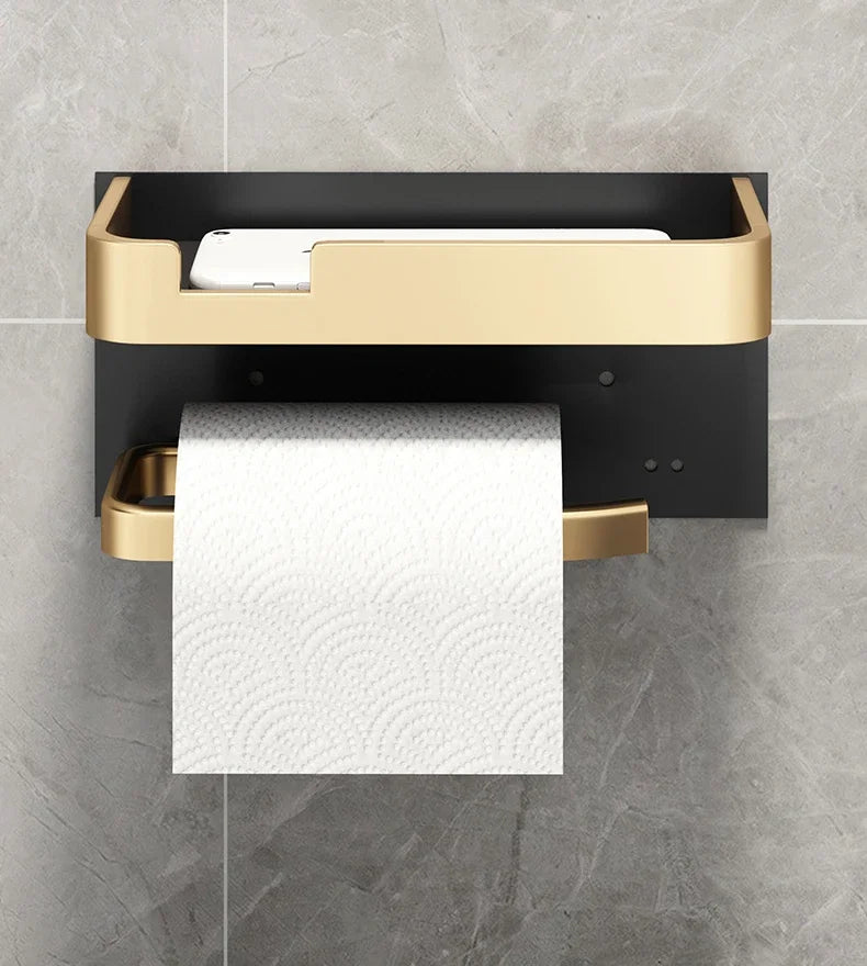 Porta Papel Higiénico VitalDesign™ – Negro y Dorado con Repisa | Elegancia y Funcionalidad para Baños Modernos Baño y Decoración NovaVitalShop