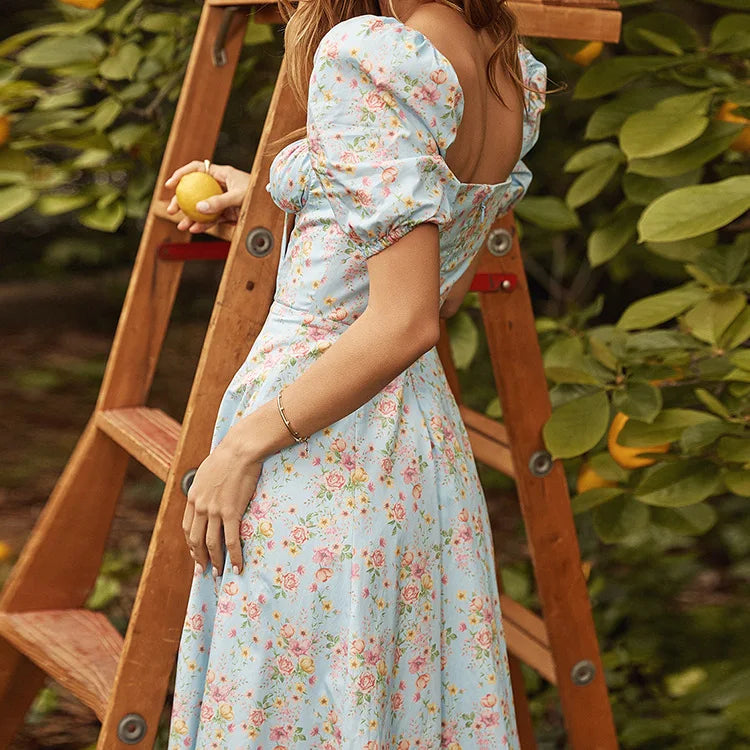 Vestido Largo Floral con Mangas Abullonadas – Estilo Bohemio y Elegancia de Verano (Cuello Cuadrado, Corte A, Talla S–XL) leggings mujer NovaVitalShop