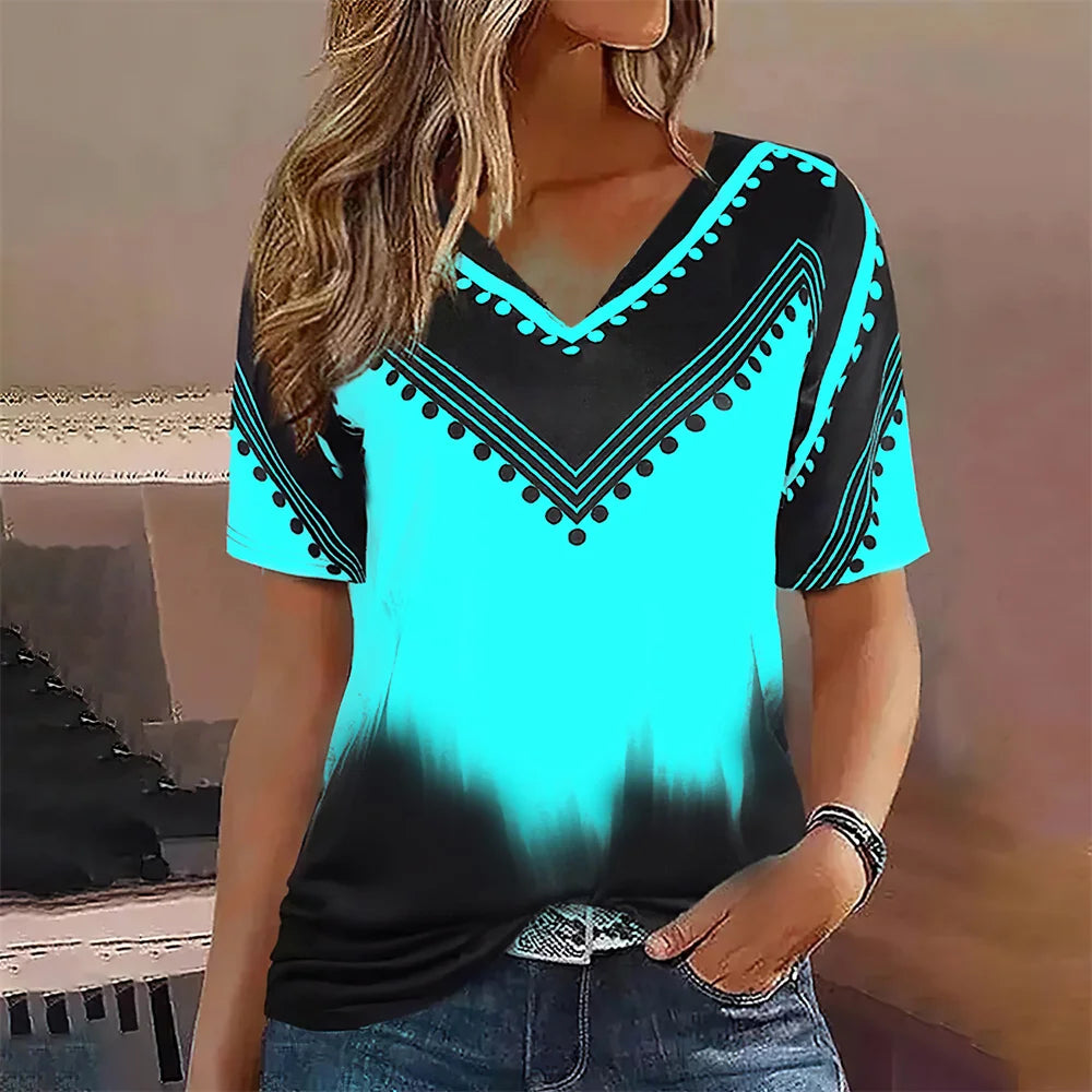 Camiseta Streetwear Mujer – Cuello en V, Rayas Degradadas, Manga Corta, Estilo Oversized Verano (S–2XL) Camisetas Mujer Oversized NovaVitalShop