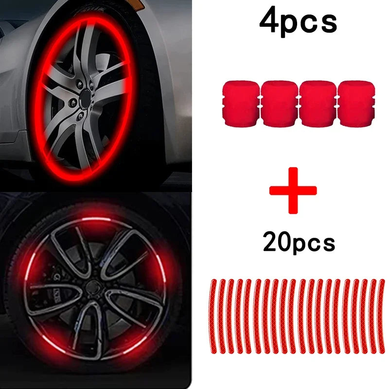 Kit Decorativo para Ruedas – 20 Stickers Reflectantes + 4 Tapas de Válvula Fluorescentes (Universal para Auto, Moto y Bicicleta) auto NovaVitalShop red