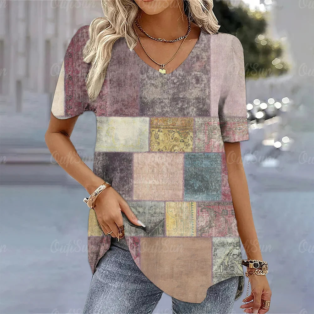 Aura Urbana 3D – Camiseta Degradada Estilo Harajuku con Cuello en V para Mujer (Oversized, Talla S–2XL)
