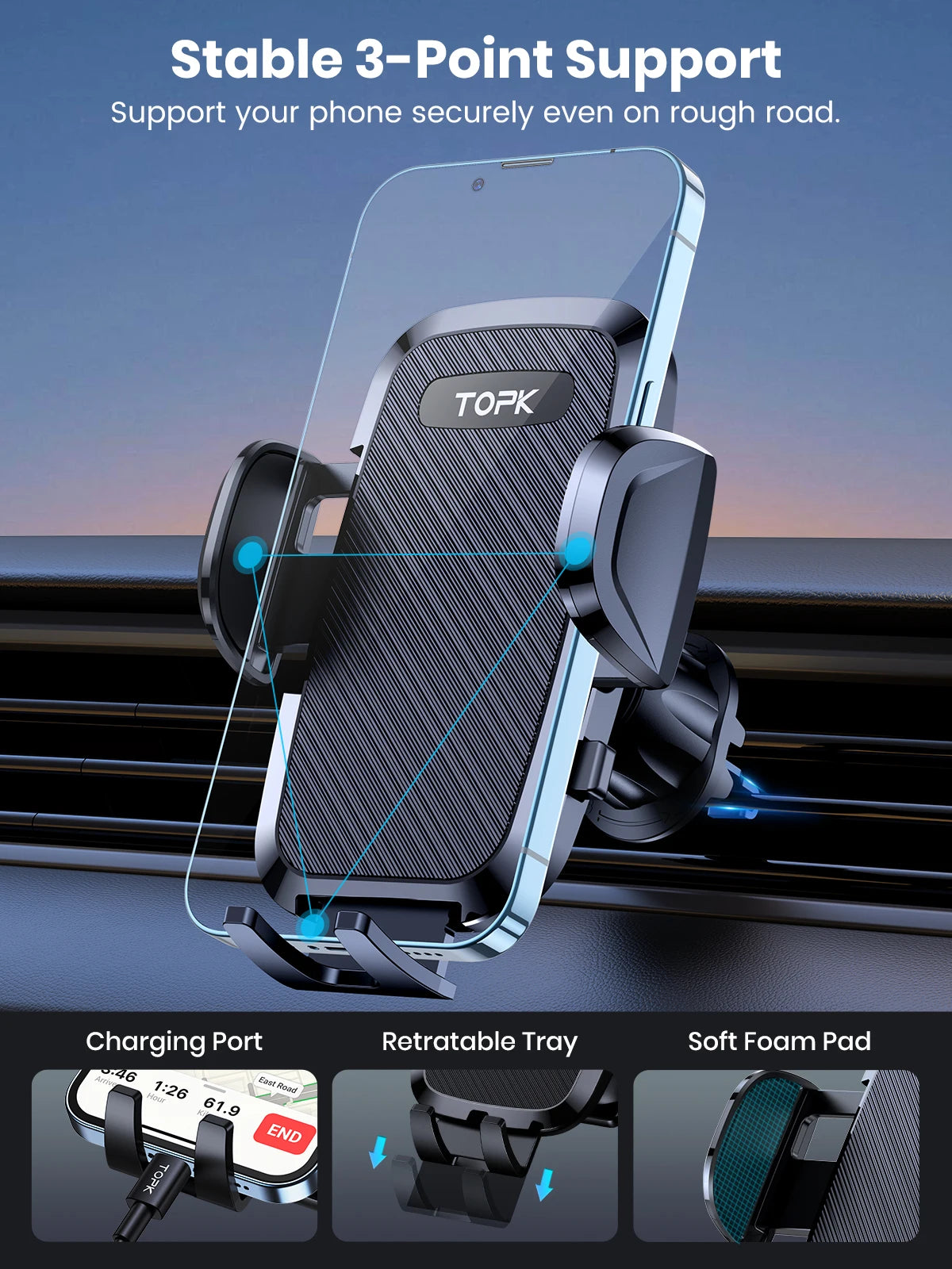 Soporte de Teléfono para Auto TOPK – Montaje por Gravedad en Ventilación de Aire (Compatible con iPhone y Android, 360°) auto NovaVitalShop