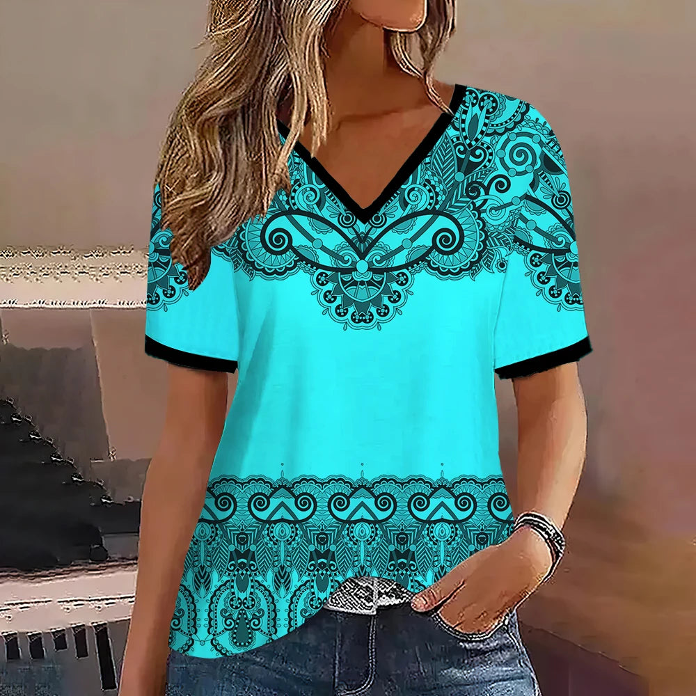 Camiseta Streetwear Mujer – Cuello en V, Rayas Degradadas, Manga Corta, Estilo Oversized Verano (S–2XL)