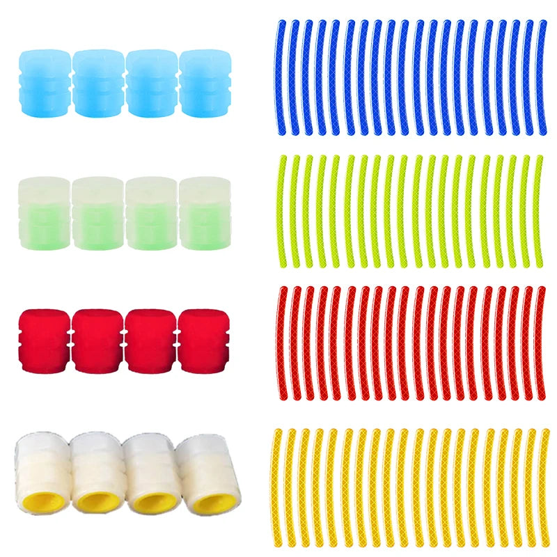 Kit Decorativo para Ruedas – 20 Stickers Reflectantes + 4 Tapas de Válvula Fluorescentes (Universal para Auto, Moto y Bicicleta) auto NovaVitalShop