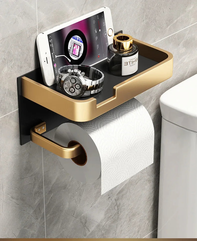 Porta Papel Higiénico VitalDesign™ – Negro y Dorado con Repisa | Elegancia y Funcionalidad para Baños Modernos Baño y Decoración NovaVitalShop