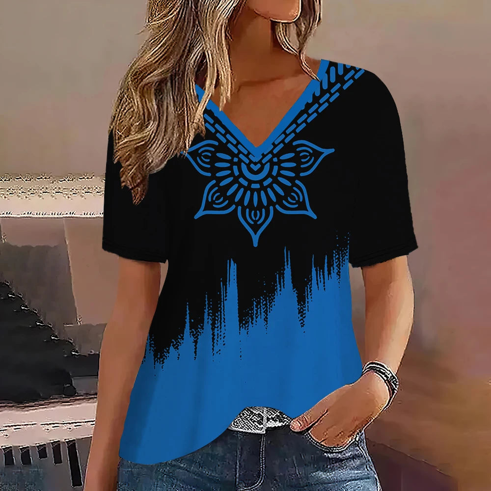 Camiseta Streetwear Mujer – Cuello en V, Rayas Degradadas, Manga Corta, Estilo Oversized Verano (S–2XL) Camisetas Mujer Oversized NovaVitalShop K01-SM11740 L