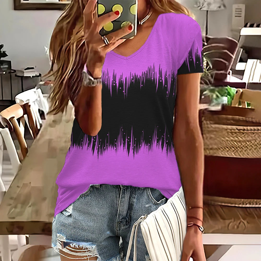 Camiseta Streetwear Mujer – Cuello en V, Rayas Degradadas, Manga Corta, Estilo Oversized Verano (S–2XL) Camisetas Mujer Oversized NovaVitalShop