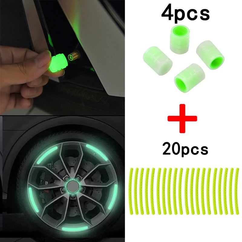 Kit Decorativo para Ruedas – 20 Stickers Reflectantes + 4 Tapas de Válvula Fluorescentes (Universal para Auto, Moto y Bicicleta) auto NovaVitalShop