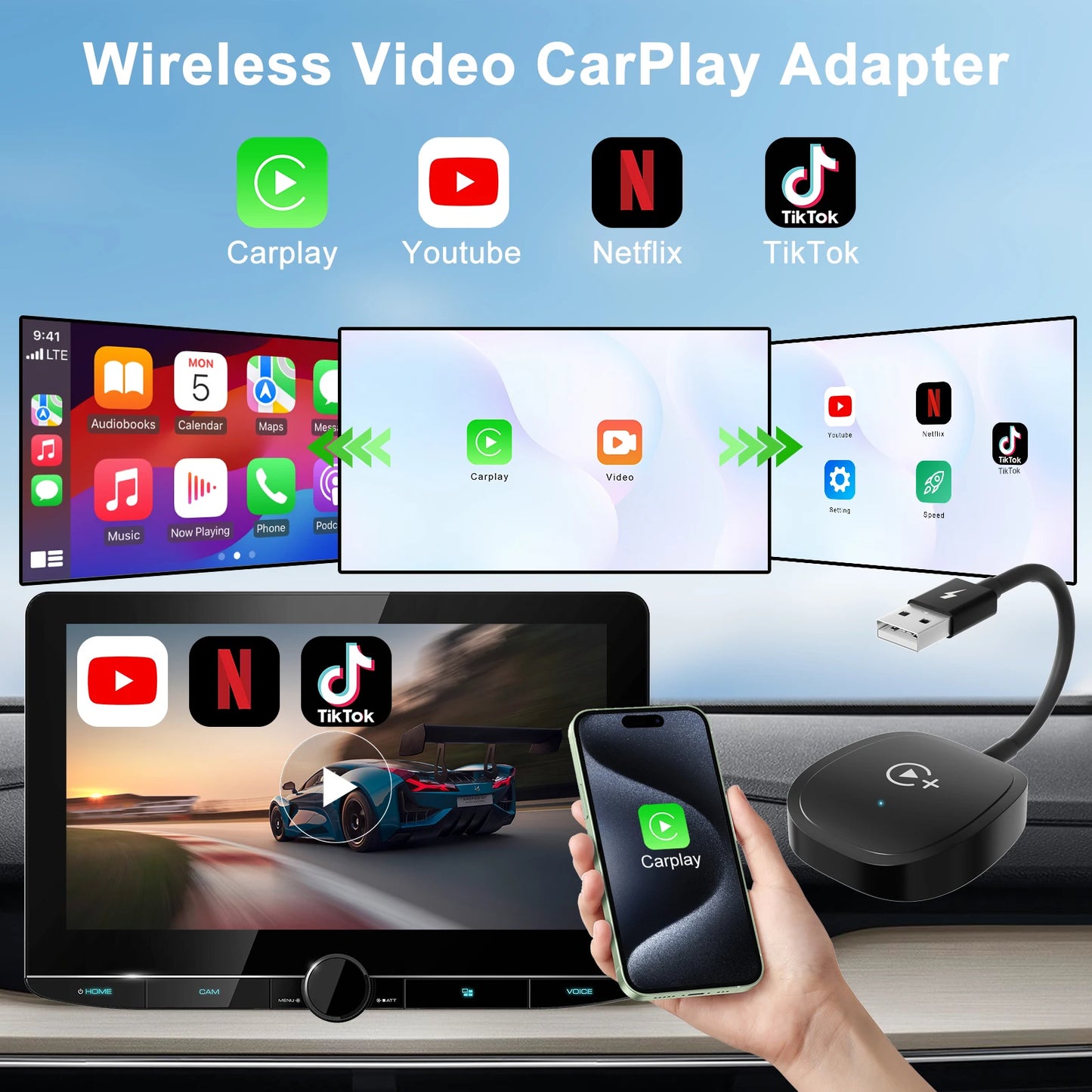 Adaptador CarPlay Inalámbrico con Streaming – Compatible con Netflix, YouTube, TikTok y Google Play (Plug & Play, USB-C) auto NovaVitalShop