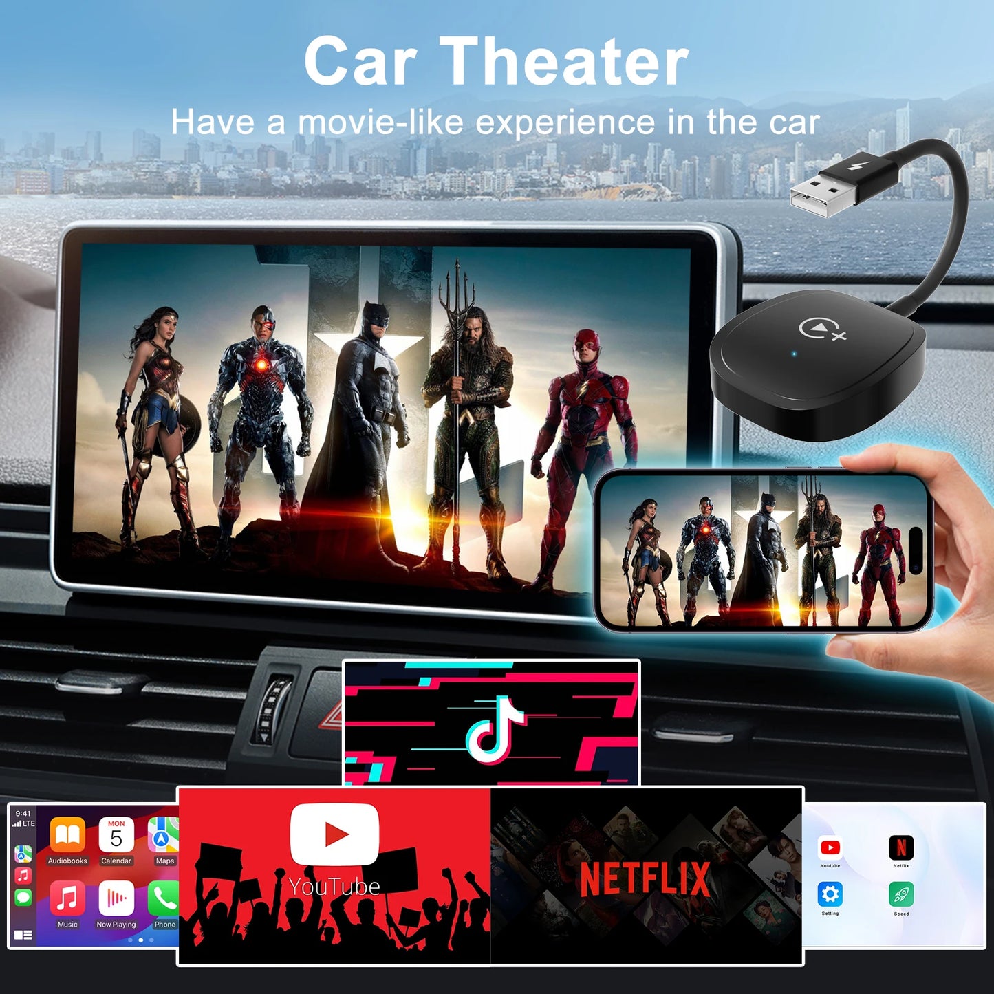 Adaptador CarPlay Inalámbrico con Streaming – Compatible con Netflix, YouTube, TikTok y Google Play (Plug & Play, USB-C) auto NovaVitalShop