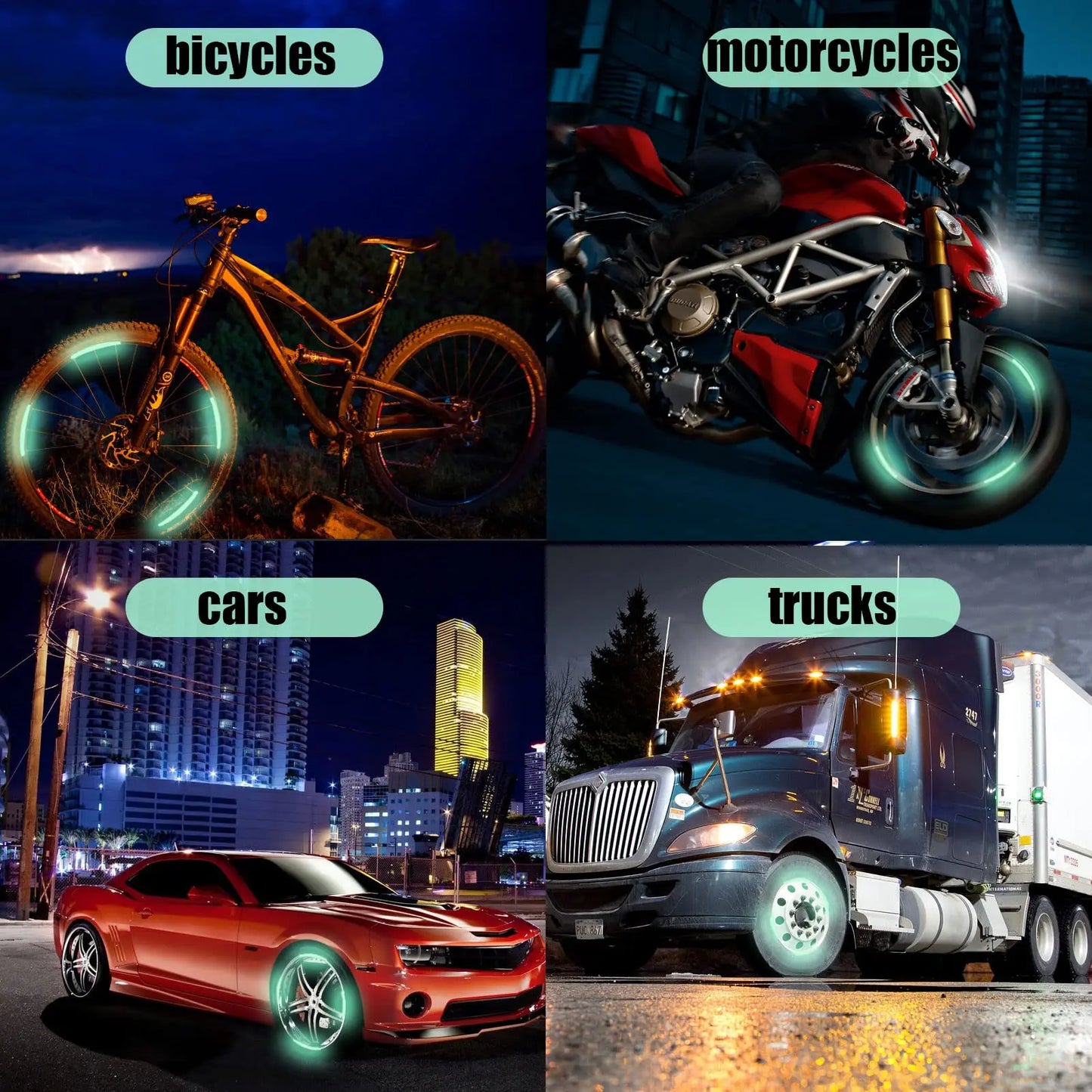 Kit Decorativo para Ruedas – 20 Stickers Reflectantes + 4 Tapas de Válvula Fluorescentes (Universal para Auto, Moto y Bicicleta) auto NovaVitalShop