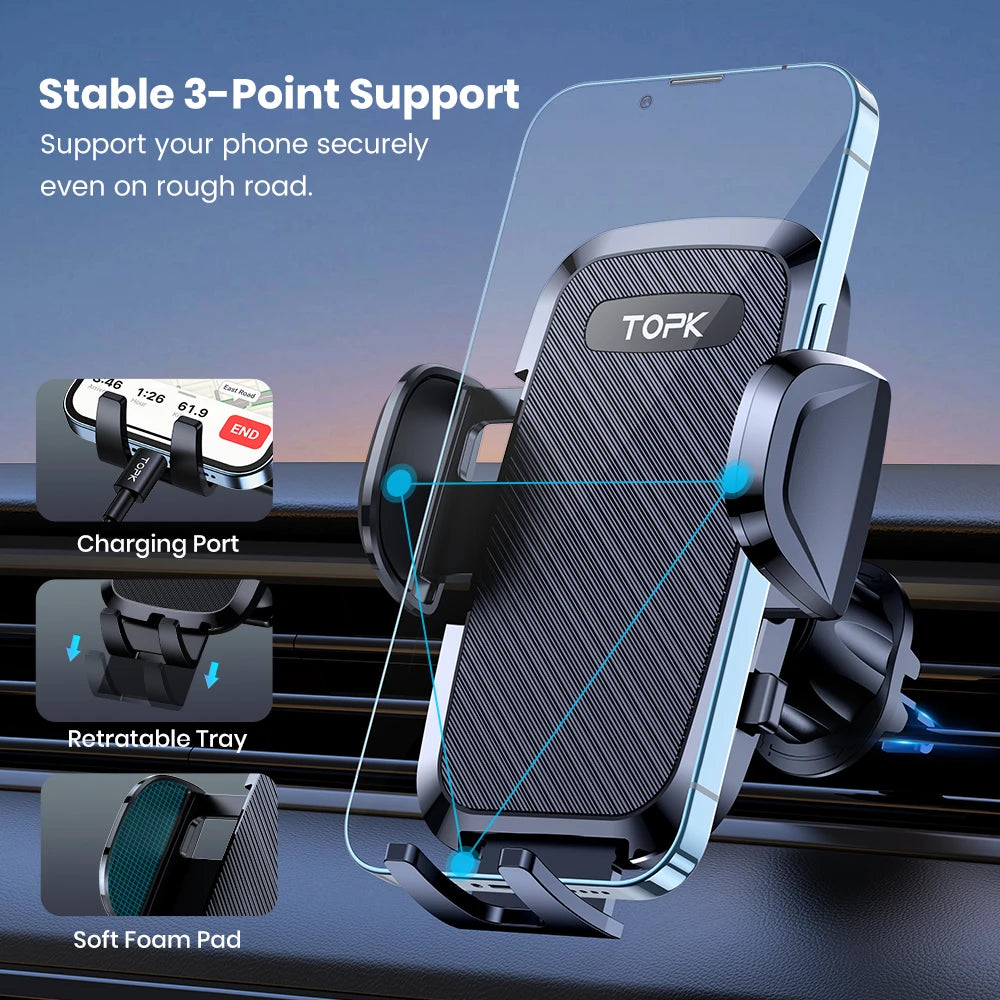 Soporte de Teléfono para Auto TOPK – Montaje por Gravedad en Ventilación de Aire (Compatible con iPhone y Android, 360°) auto NovaVitalShop