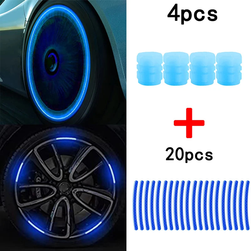 Kit Decorativo para Ruedas – 20 Stickers Reflectantes + 4 Tapas de Válvula Fluorescentes (Universal para Auto, Moto y Bicicleta) auto NovaVitalShop