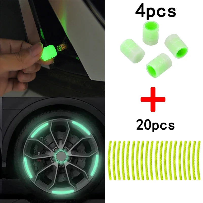 Kit Decorativo para Ruedas – 20 Stickers Reflectantes + 4 Tapas de Válvula Fluorescentes (Universal para Auto, Moto y Bicicleta) auto NovaVitalShop green