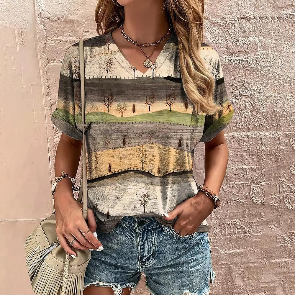 Retro Vibes – Camiseta Harajuku con Rayas y Cuello en V para Mujer (Estilo Y2K, Talla S–XXL)