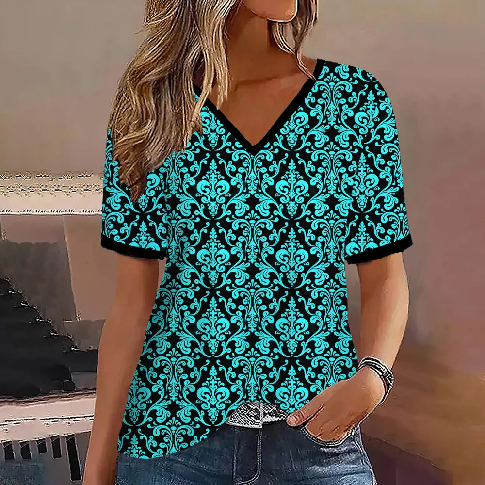 Camiseta Streetwear Mujer – Cuello en V, Rayas Degradadas, Manga Corta, Estilo Oversized Verano (S–2XL) Camisetas Mujer Oversized NovaVitalShop K01-SM11736 L