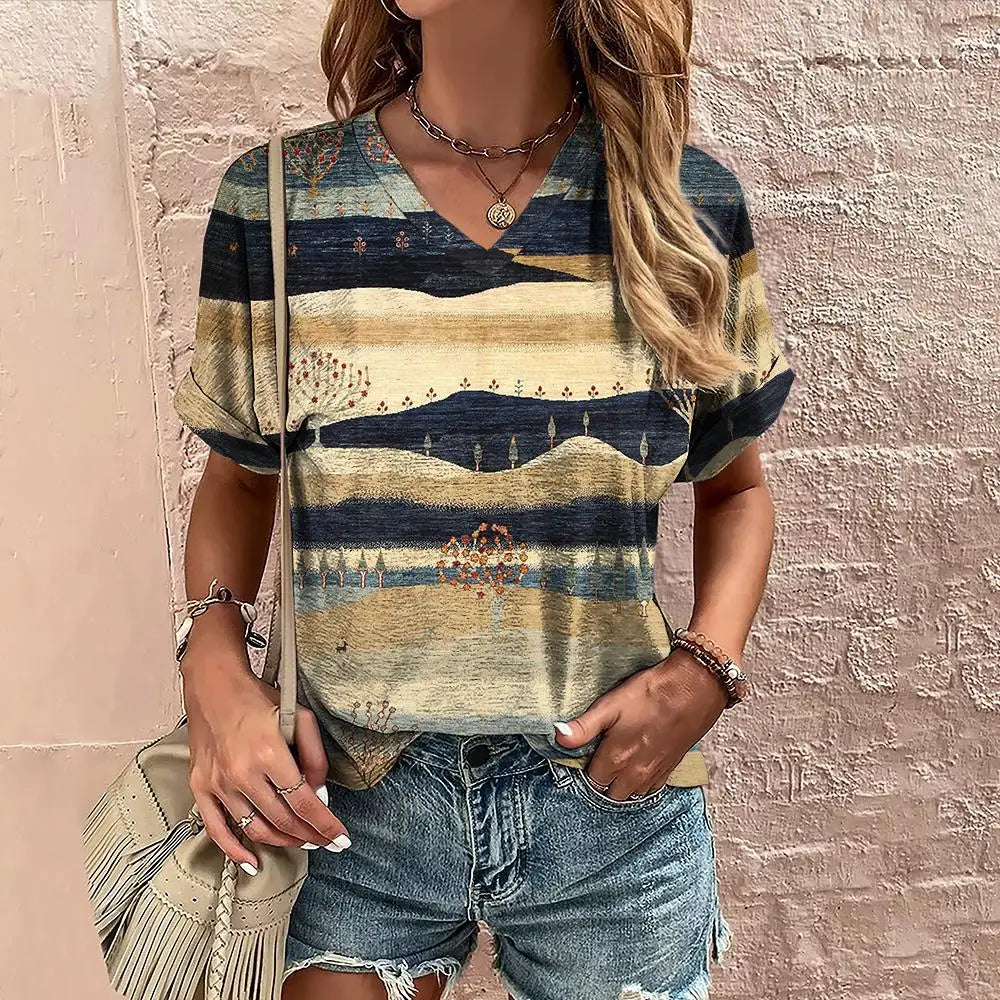 Retro Vibes – Camiseta Harajuku con Rayas y Cuello en V para Mujer (Estilo Y2K, Talla S–XXL)