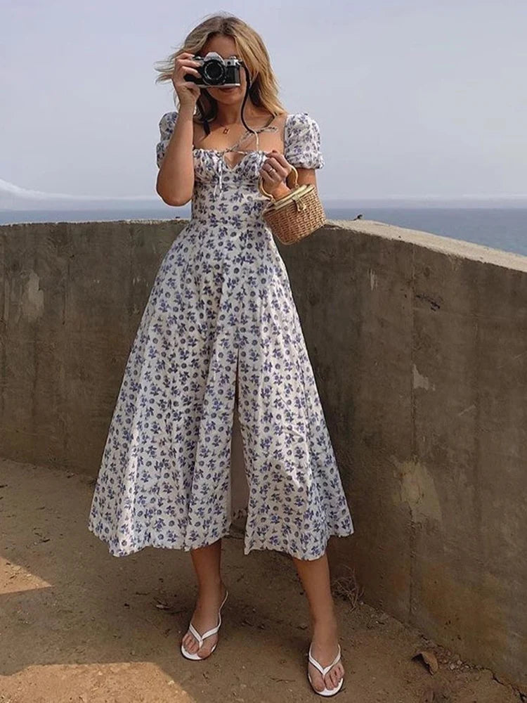 Vestido Largo Floral con Mangas Abullonadas – Estilo Bohemio y Elegancia de Verano (Cuello Cuadrado, Corte A, Talla S–XL)