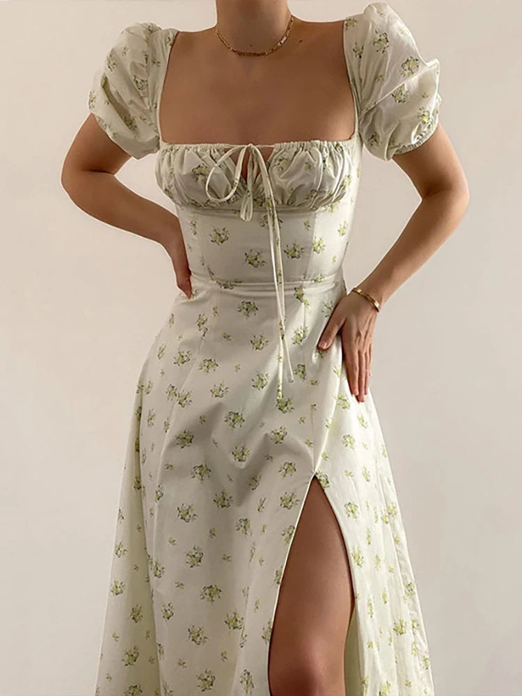 Vestido Largo Floral con Mangas Abullonadas – Estilo Bohemio y Elegancia de Verano (Cuello Cuadrado, Corte A, Talla S–XL)