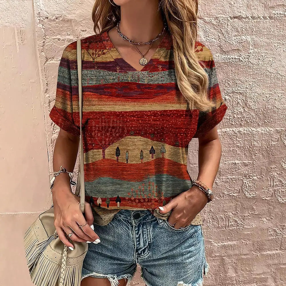 Retro Vibes – Camiseta Harajuku con Rayas y Cuello en V para Mujer (Estilo Y2K, Talla S–XXL)